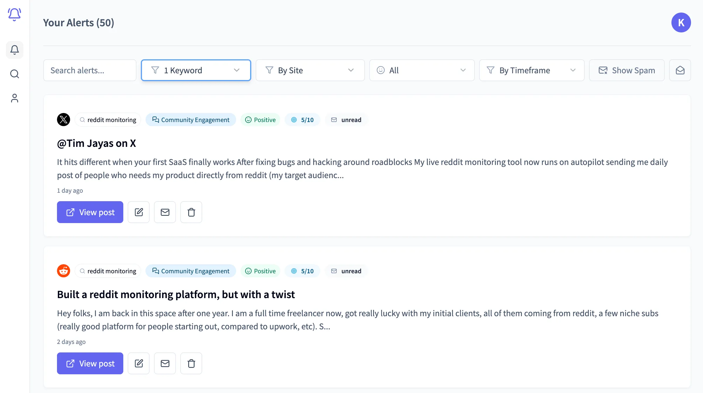 Alertly alerts dashboard product screenshot